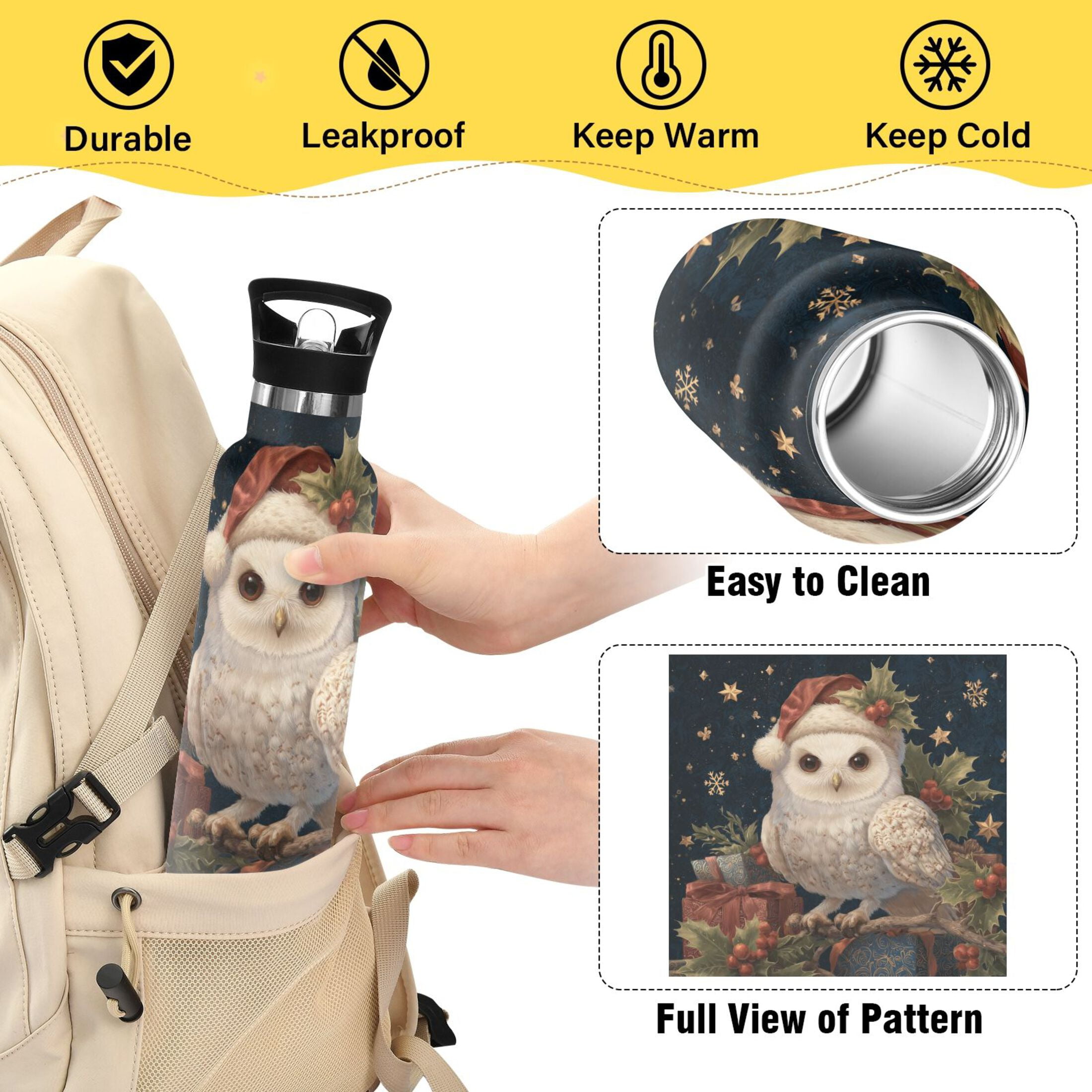 600ML Stainless Steel Insulated Cup Sports Water Bottle Portable Thermos Cup Water Glasses Insulated Tumblers Convenient and Durable Warm Cute Christmas Owl
