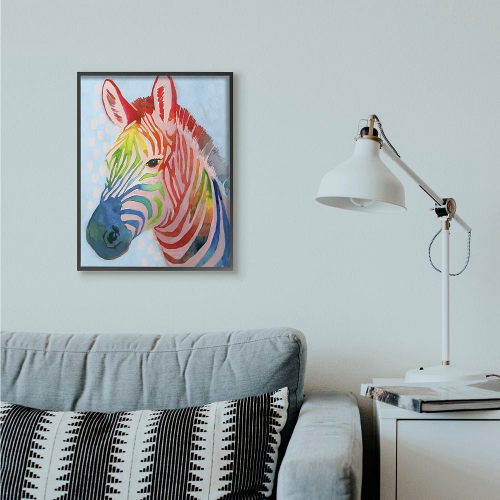 Stupell Industries Colorful Abstract Zebra Animal Rainbow Blue Drawing Framed Giclee Texturized Art by Grace Popp
