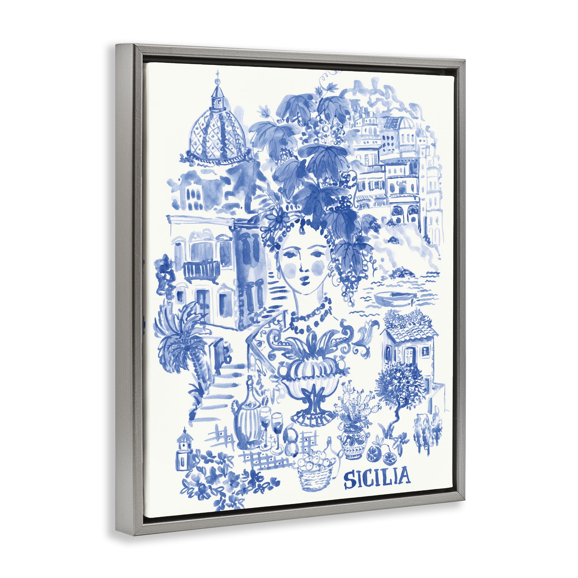 Stupell Industries Sicilia City In Blue Gray Framed Floater Canvas Wall Art, design by Karolina Sato