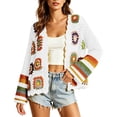 thumbnail image 2 of IUYRTFE Women's Hand Crochet Knit Cardigan Open Front Boho Style Long Sleeve Colorful Patterned Jacket, 2 of 6