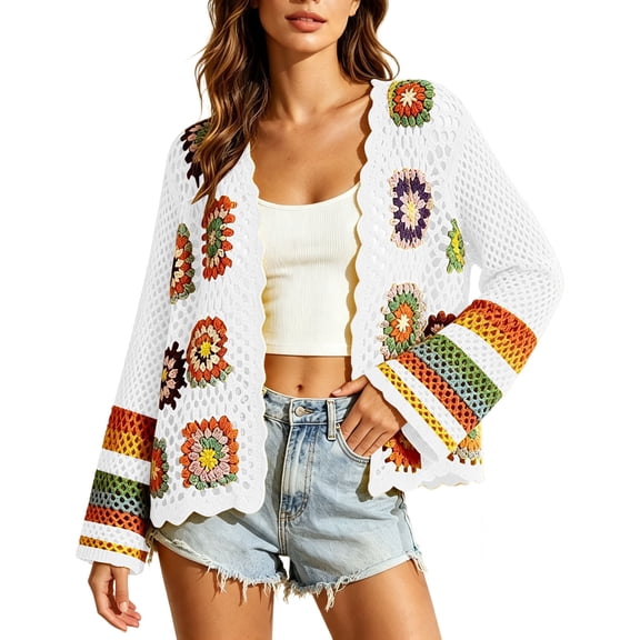 vdgthytj Cardigan Sweaters for Women Open Front Long Sleeve Crochet Hollow out Boho Sweater Outerwear(X-Large,White)