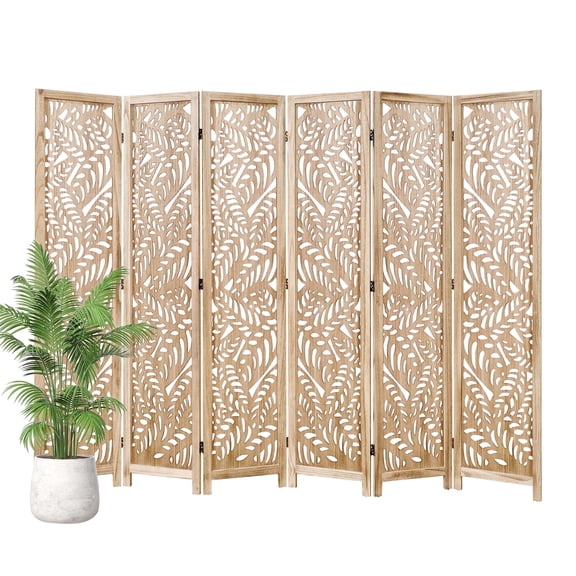 Breltam 6 Panel Hollow Leaf Carved Wooden Folding Room Divider Privacy Screen Freestanding Indoor Space Separator Room Separation For Bedroom Living Room No Assembly Required,Natural Wood