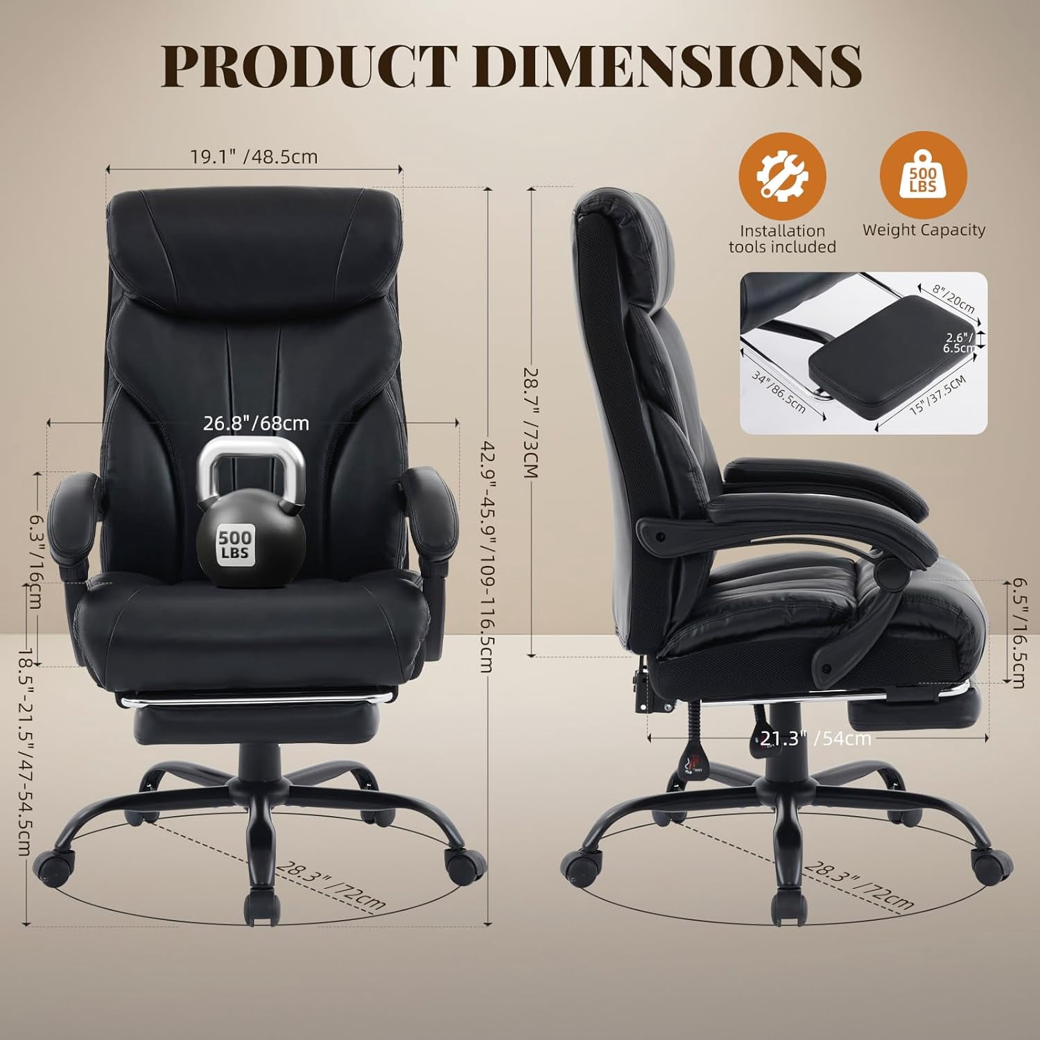Ergonomic Executive Office Chair with High Back Support, Padded Armrests, Retractable Footrest, Wide Seat, and Heavy-Duty Swivel Base – Comfortable Computer Desk Chair for Home Office
