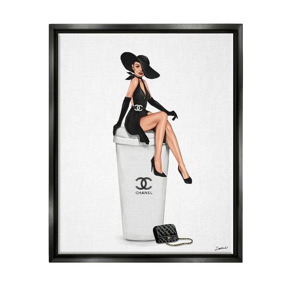 Stupell Industries Girl in Black Dress Fashion Food & Beverage Painting Black Floater Framed Art Print Wall Art, 17 x 21