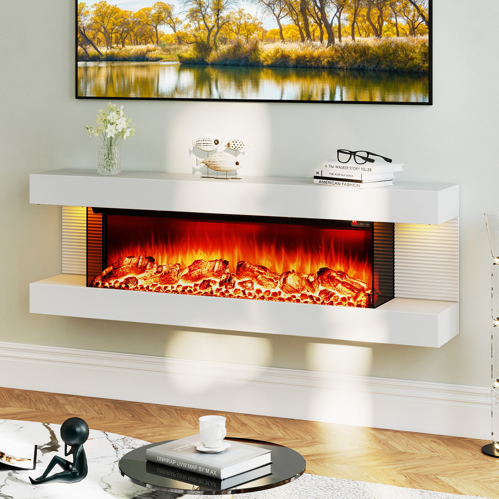 Giantex Wall-Mounted Electric Fireplace Mantel, 18" Fireplace & 32" Floating Mantel w/Overheat Protection & 8H Timer