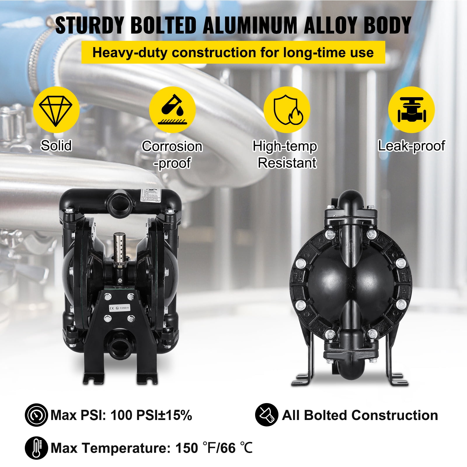 SKYSHALO Dual Diaphragm Pump, Air-Powered, 1" Inlet/Outlet, Aluminum Body, 35 GPM, Max 120 PSI, for Industrial Applications, QBY4-25LF46-1inch-35