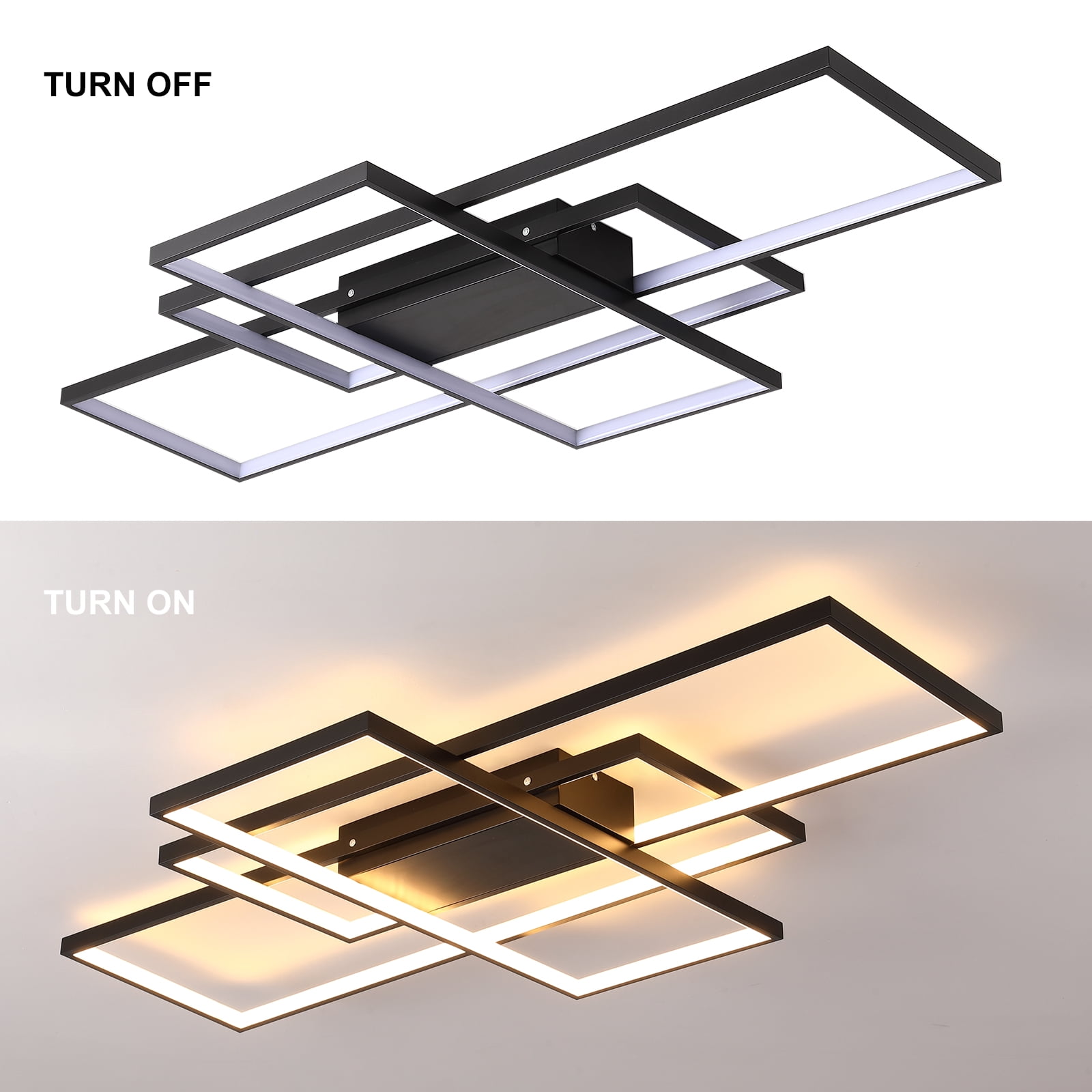 Garwarm 35.4in. Black 3-Square LED Ceiling Light with Remote, 50W Dimmable Flush Mount Ceiling Light, Modern Acrylic Fixture for Living Room Bedroom Kitchen