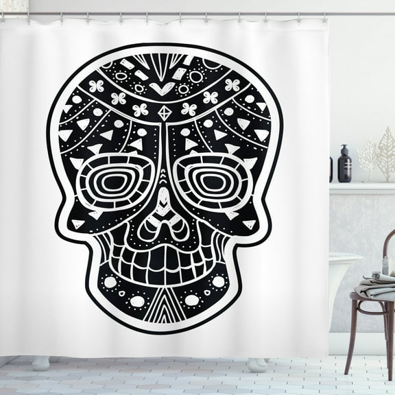 Sugar Skull Shower Curtain, Tribal Style Skull Figure with Primitive Floral Geometric Ornamentation, Fabric Bathroom Set with Hooks, 69W X 84L Inches Extra Long, Black and White, by Ambesonne