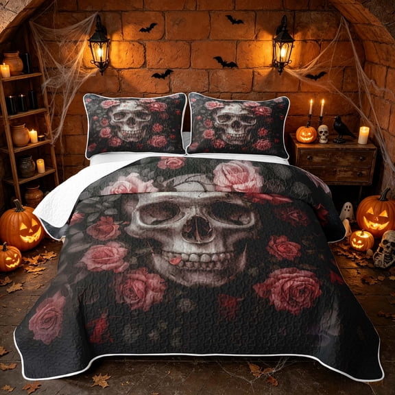 Erosebridal Spooky Floral Skull Twin Quilt Set, Boho Blooming Rose Twin Coverlet Set for Boys Girls, Dark Gray Dusty Red, 2 Pieces 1 Bedspread and 1 Pillowcase