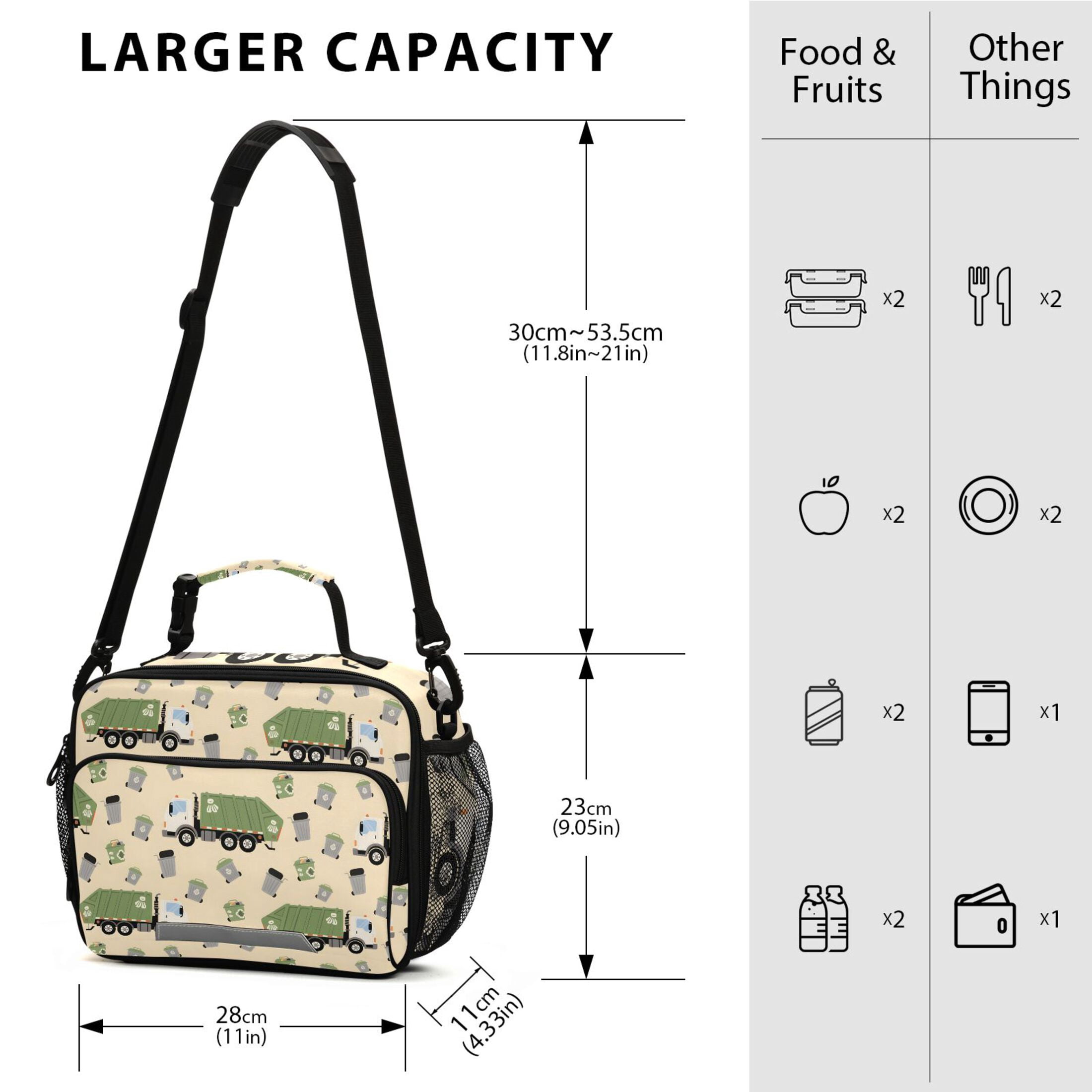 ALAZA Garbage Trucks Lunch Box Insulated Cooler Bag Reusable Tote Bags Shoulder Strap