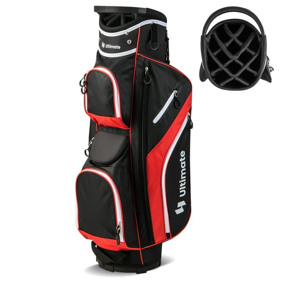 Topbuy 14-Way Golf Cart Bag Golf Club Bag with 14 Ways Organizer Divider Top 9 Zippered Pockets Cooler Bag Umbrella Holder Red