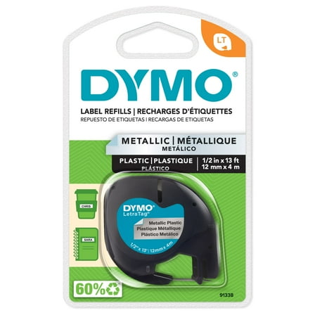 DYMO LT Plastic Labels for LetraTag Label Makers, Black print on Metallic Silver tape labels, 1/2-Inch x 13-Foot Roll