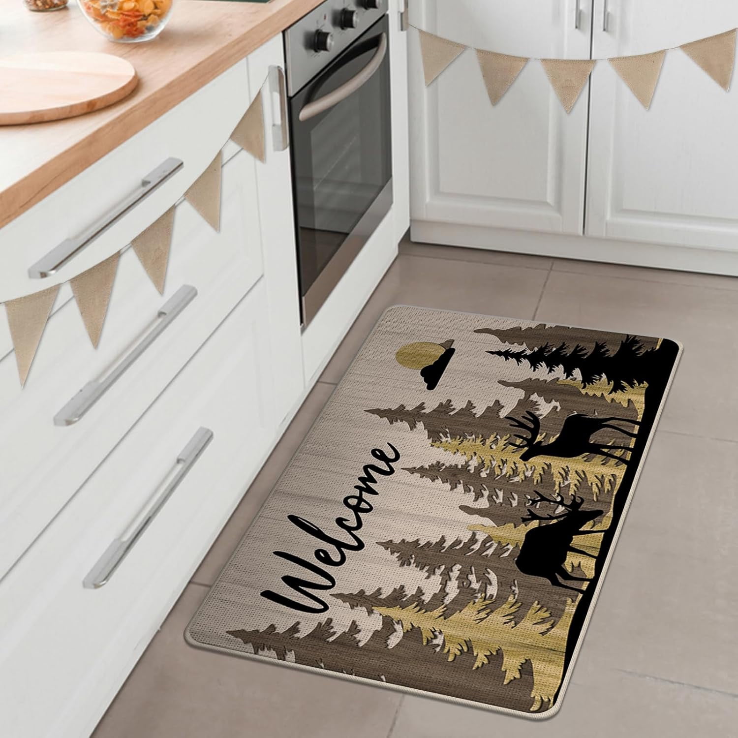 Welcome Woodland Deer Decorative Front Door Mat, Brown Forest Wild Animals Adventure Doormat Indoor Outdoor Non-Slip Floor Entryway Rug, Farmhouse Rustic Home Kitchen Decoration 17x30 Inch