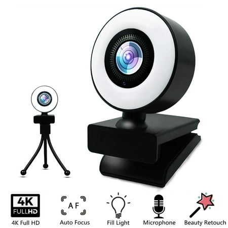 4K HD Webcam, Web Camera with Built in Mic and Adjustable Ring Light, Autofocus Webcam with Tripod for Live Streaming Gaming Video Calling Conferencing Recording, Noise Reduction & Beauty Retouch