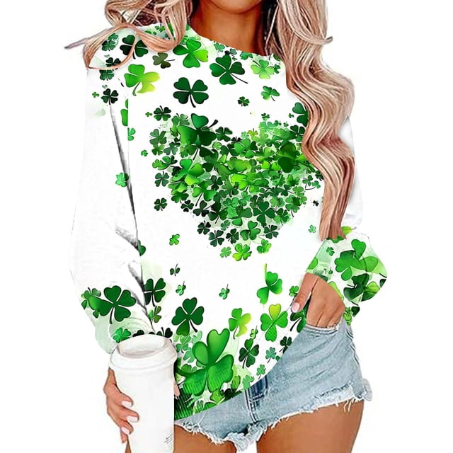TaTaai Women St. Patrick's Day Print Long Sleeve Hoodless Sweatshirt Fashion Loose Round Neck Casual Top Soft Comfortable for Daily Home Office Streetwear Gift