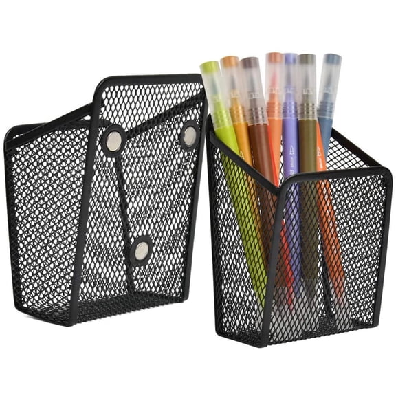 Magnetic Pencil Holder, Casewin Mesh Storage Basket Metal Organizer with Strong Magnet, Marker/Pen Cup for Whiteboard, Refrigerator, Locker Accessories, Office Supplies 2 Pack(Black)