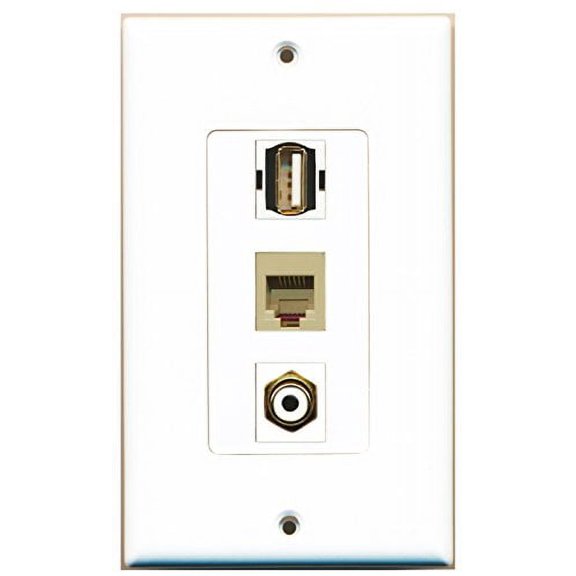 RiteAV - 1 Port RCA White and 1 Port USB A-A and 1 Port Phone RJ11 RJ12 Beige Decorative Wall Plate Decorative