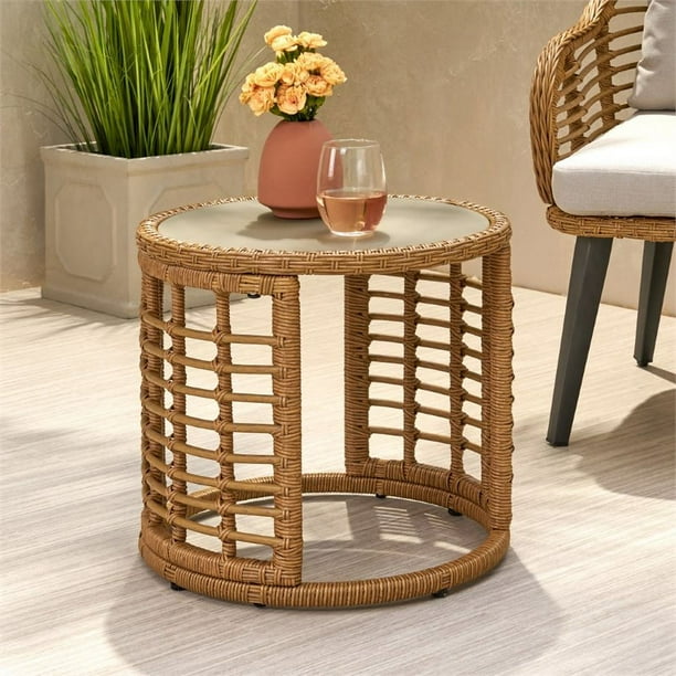 Noble House Tatiana Outdoor Tempered Glass Top Wicker Side Table