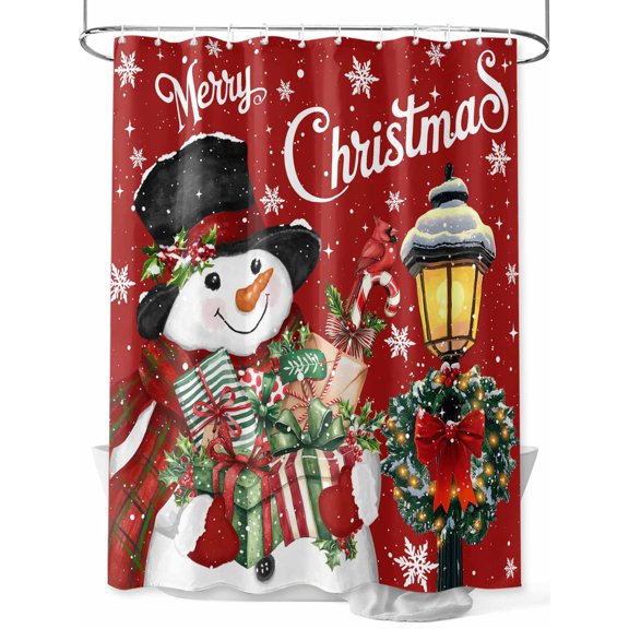 Fsddascl Red Snowman Christmas Shower Curtain Set - Standard 72" x 72" Washable Bathtub Curtain with 12 Hooks, Xmas Snowflake Botanical Waterproof Fabric Stall Shower Curtains for Bathroom/Bathtub