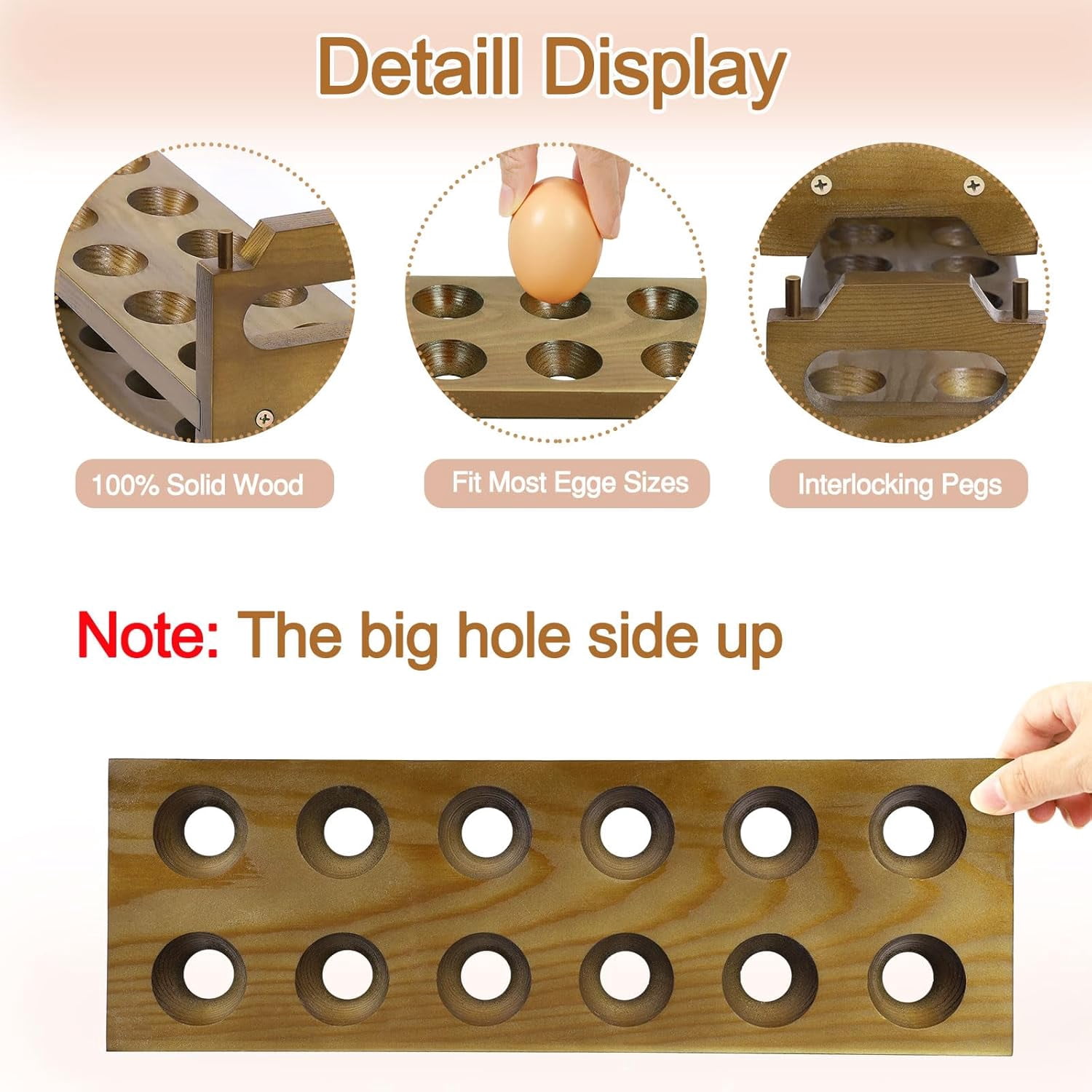 Wooden Egg Holder for Countertop, 3 Tier Egg Rack for 36 Eggs, Kitchen Counter Wood Egg Organizer Tray Racks, Fits Quail, Duck, Turkey, Chicken Eggs
