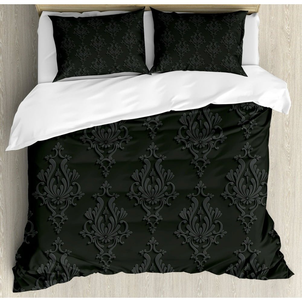 Dark Grey Duvet Cover Set, Antique Damask Pattern in 3D Style Classic