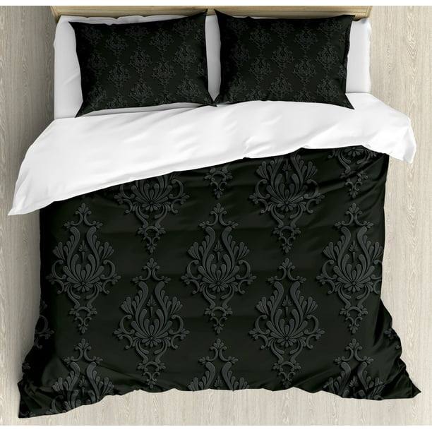 Dark Grey Duvet Cover Set, Antique Damask Pattern in 3D Style Classic