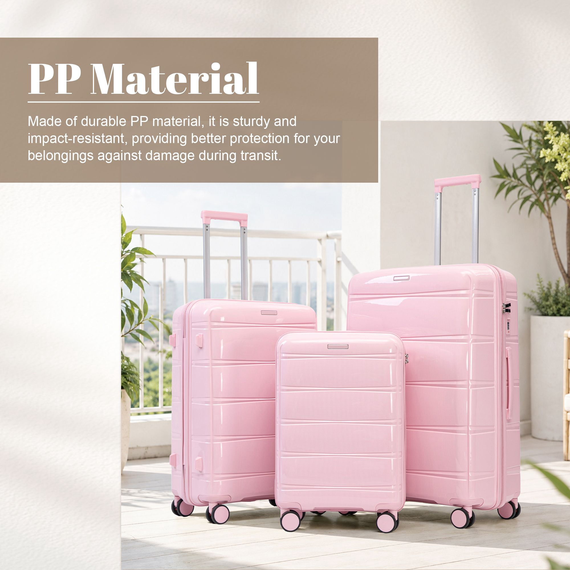 Alvantor 3 Piece Hardshell Luggage Set PP Hardside Suitcase with Iron Telescopic Handle Side Hook 20"24"28"(Pink)