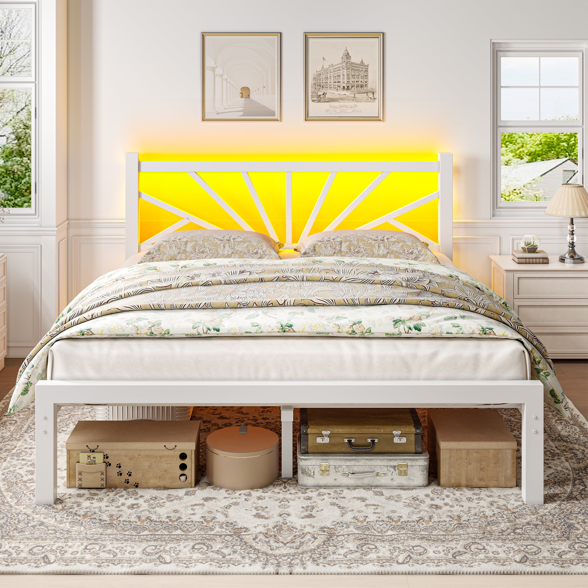 EnHomee Queen Size Metal Bed Frame with Headboard Metal Platform Bed Frame with LED Lights Bed Frame Queen with Storage Underbed, Noise Free, No Box Spring,White