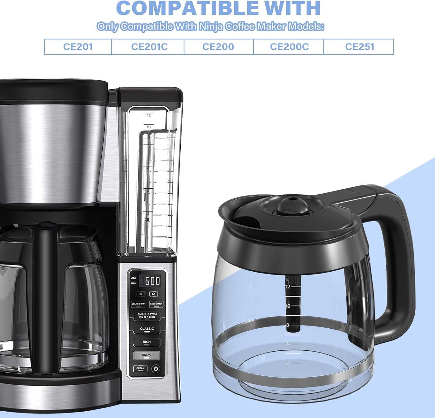 12-Cup Coffee Pot Replacement Carafe Compatible with Ninja Coffee Brewer Maker Models CE251 CE201 CE201C CE200 CE200C Model# XGLSLID200