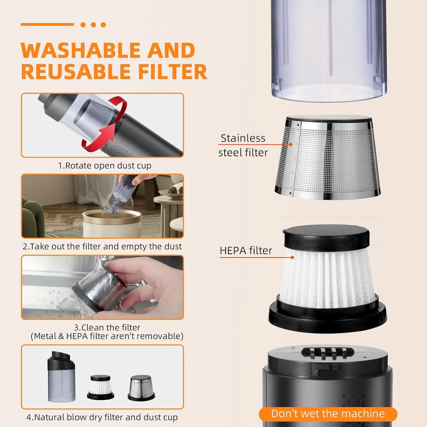 Cordless Handheld Vacuum Cleaner, 16000PA Strong Suction, Lightweight Portable for Car, Home, Office with Accessories