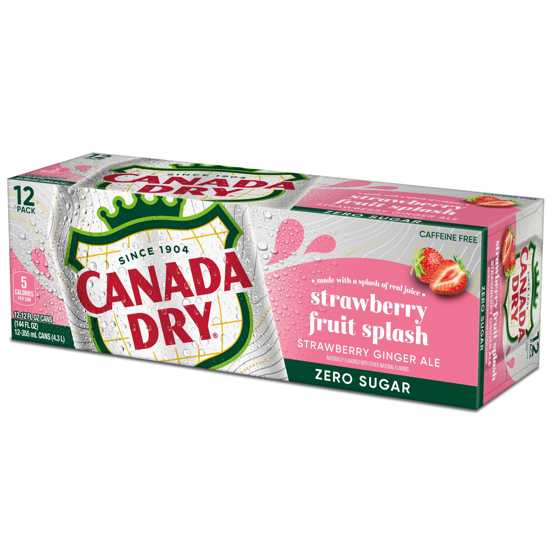 Canada Dry Caffeine Free Zero Sugar Fruit Splash Strawberry Ginger Ale Soda Pop, 12 fl oz, 12 Pack Cans