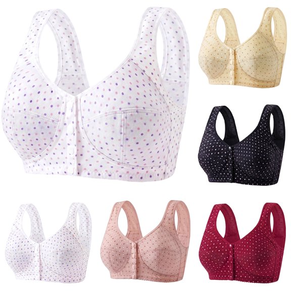 Bras for Women Floral Plus Size Bra Wireless Front Closure Bras for Senior Polka Dots Comfort Tshirt Bra White 46