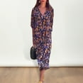 thumbnail image 3 of Women Fall Spring Dress V Neck Three Quarter Puff Sleeves Printed Loose Retro OL Commuting Dating Midi Dress, 3 of 7