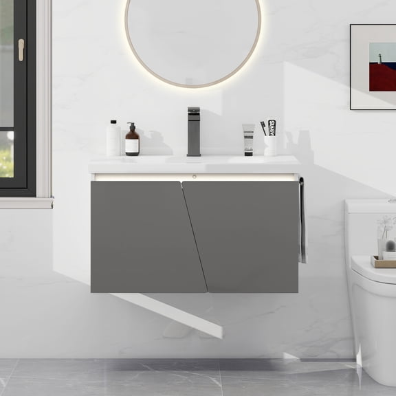 ELECWISH 31" Bathroom Vanity with Sink, LED Floating Bathroom Vanity, Wall Mounted Storage Vanity Cabinet with Invisible Handles, 2  Shelves, Undermount Sink, Black