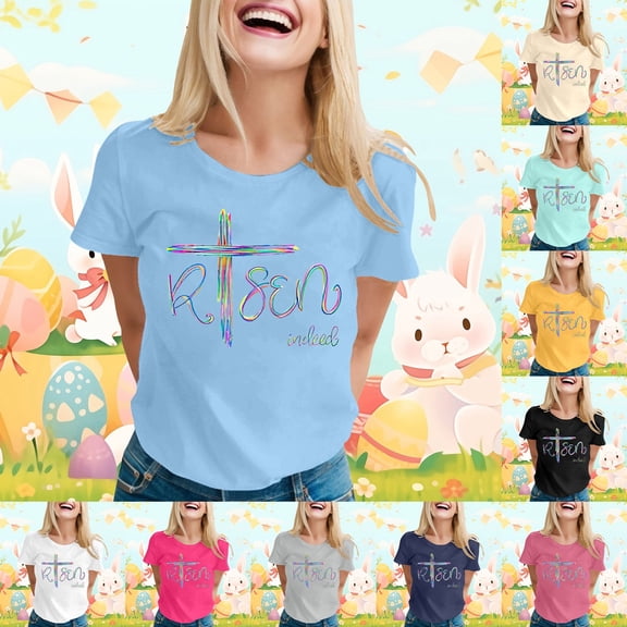 CAIXIA Easter Day Shirt Women Womens T Shirts Cute Rabbit Graphic Tees Crewneck Funny Easter Bunny Casual Short Sleeve Tops