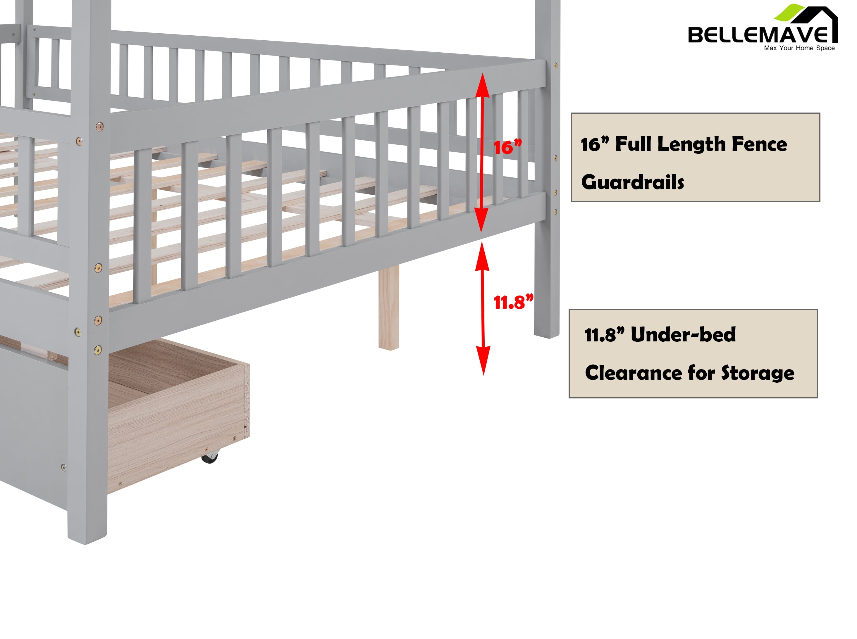 Bellemave Full Size House Bed with Storage Drawers Playhouse Platform Bed Wooden House-shaped Bed Frame with Fence Guardrail and Roof (Full size, Gray)
