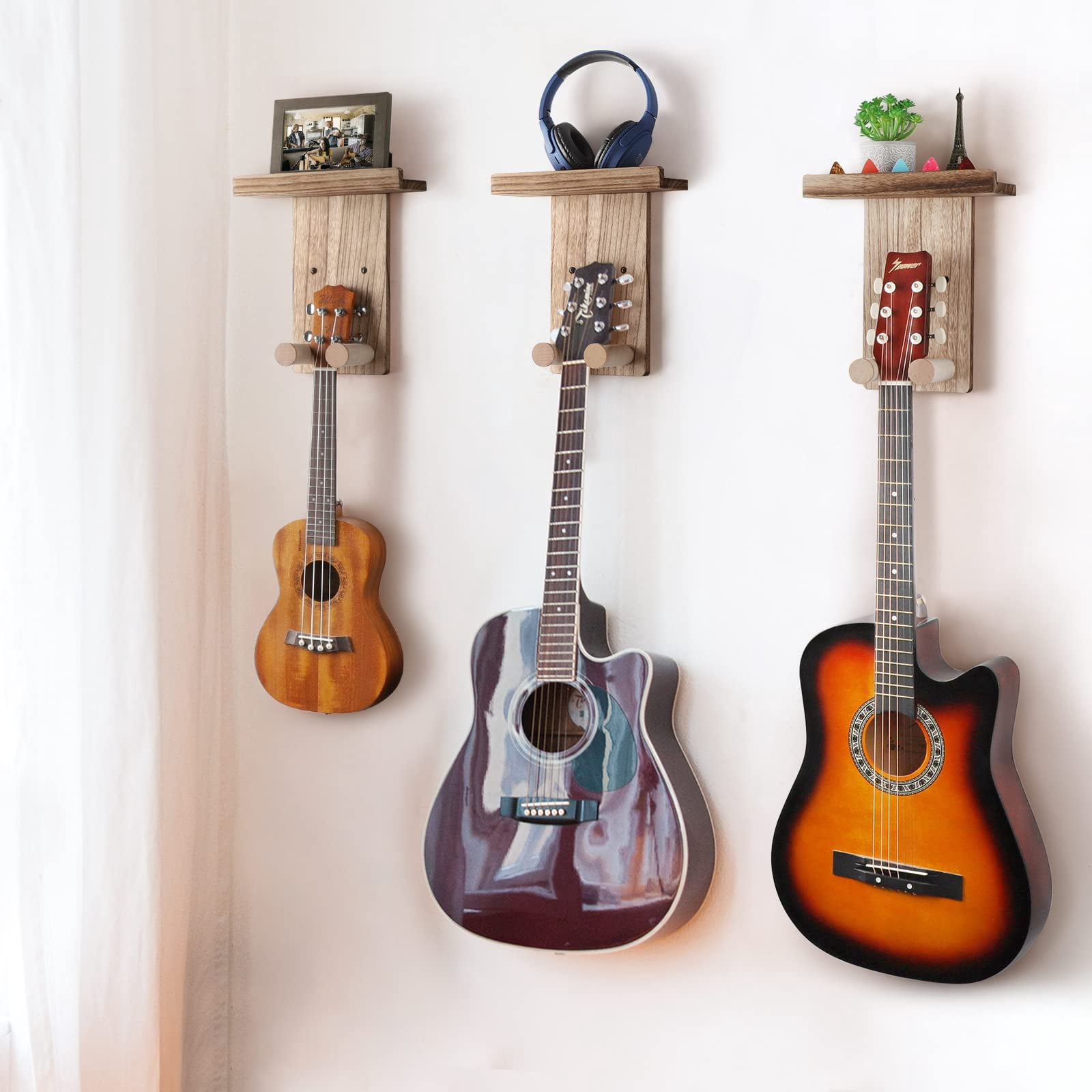 2 Pack Guitar Hanger Wall Shelf With Pick Holder Wood Rack For Acoustic  Electric Ukulele Bass Mandolin - Brown (patented)