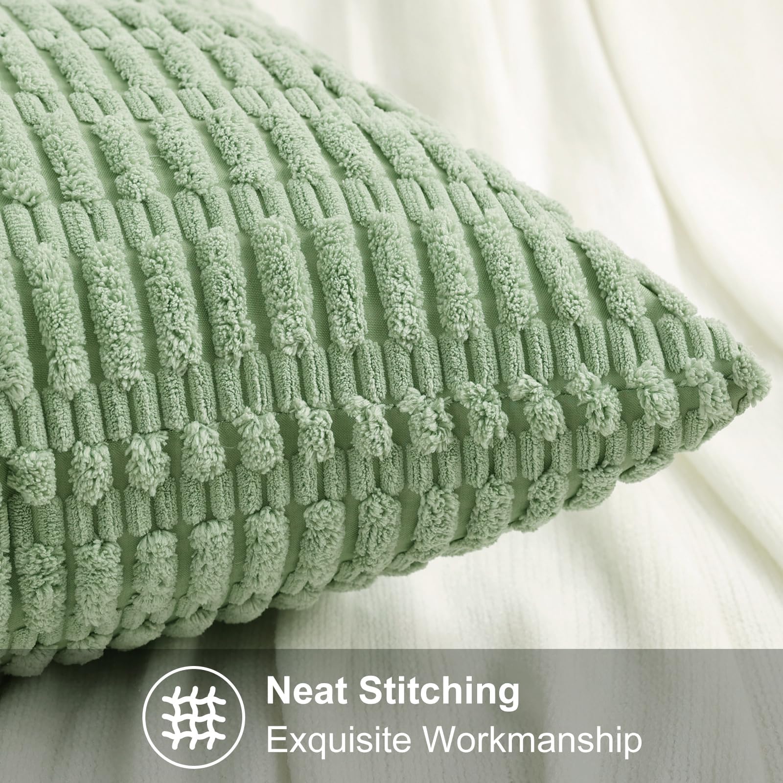 decorUhome Throw Pillow Covers 18x18 Sage Green Corduroy Striped photo 3