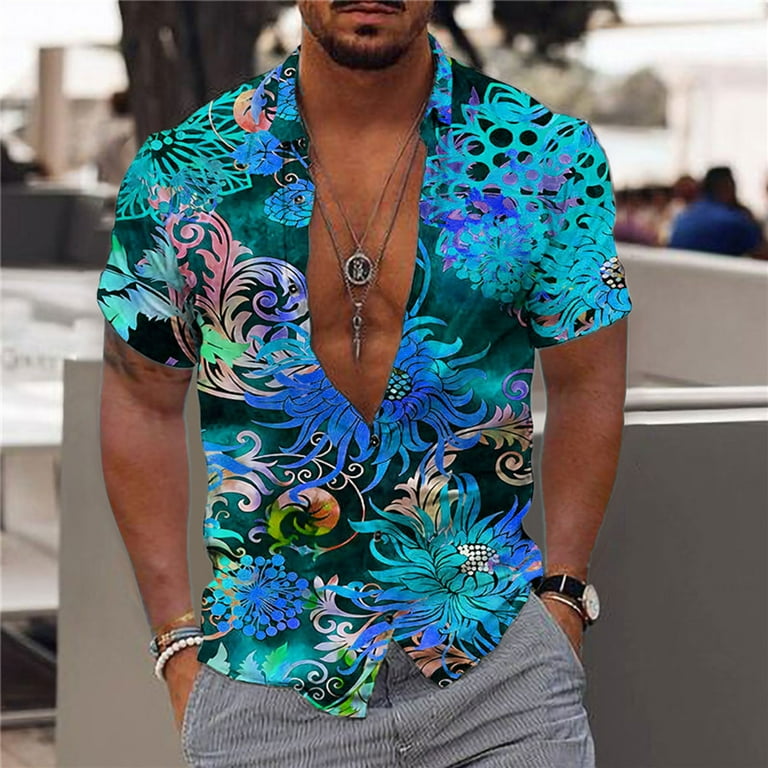 Spring Clearance 2024 SMihono Adult Men's Turndown collar Tees Tops Shirt  Men Fashion Casual Buttons Hawaii Printing Turndown Short Sleeve Shirt  Blouse Blue 12 