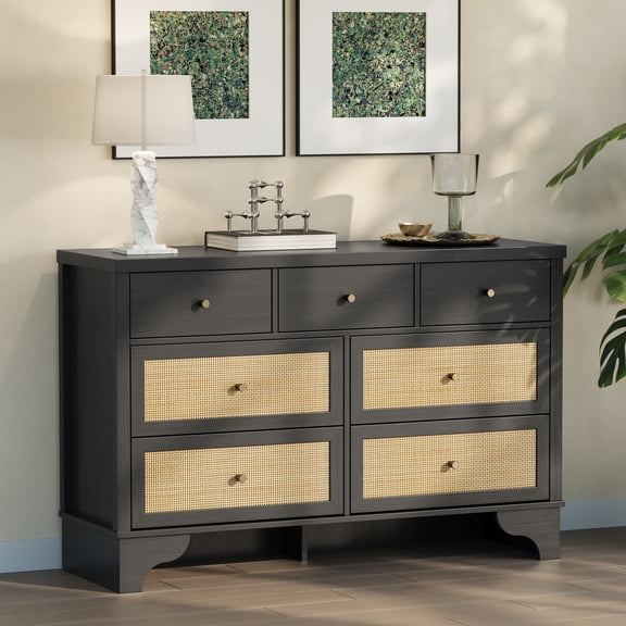 Garderth 7 Drawer Dresser,Rattan Dresser For Bedroom,Wide Chest Of Drawers,Clothing Storage Organizer,Wood Dresser TV Stand For Living Room