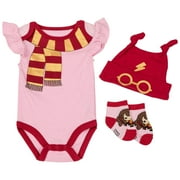 Harry Potter Baby Girls' Bodysuit, Knotted Cap & Socks Gift Set Pink/Red/Yellow, 0-3 Months