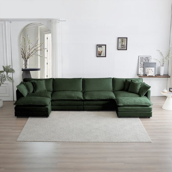 Premium Comfort U Shaped Couch with Reversible Chaise|Green Chenille