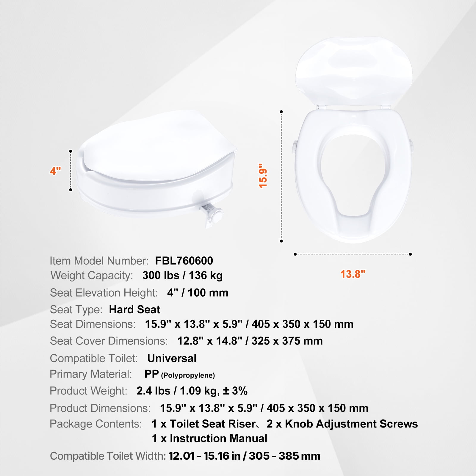 KFFKFF Elevated Toilet Seat, 4" Increase in Height, Supports up to 300 lbs, Universal Fit Toilet Seat Booster, Screw Rod Securing, Includes Toilet Seat, Suitable for Seniors, Disabled, Patients