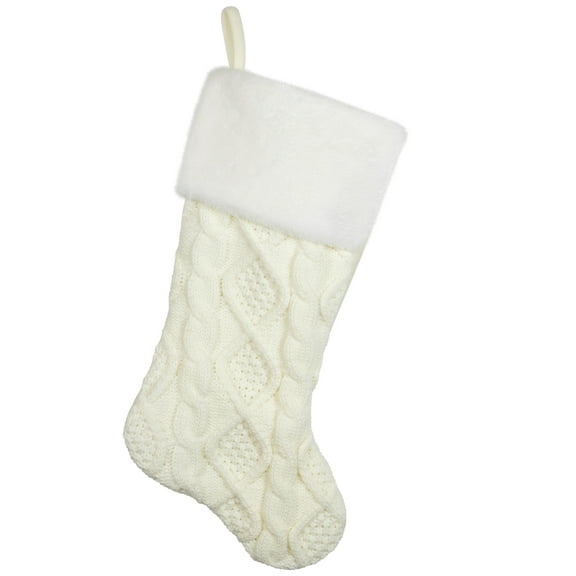 Northlight Cable Knit Christmas Stocking with Faux Fur Cuff - 20.5" - Cream and White