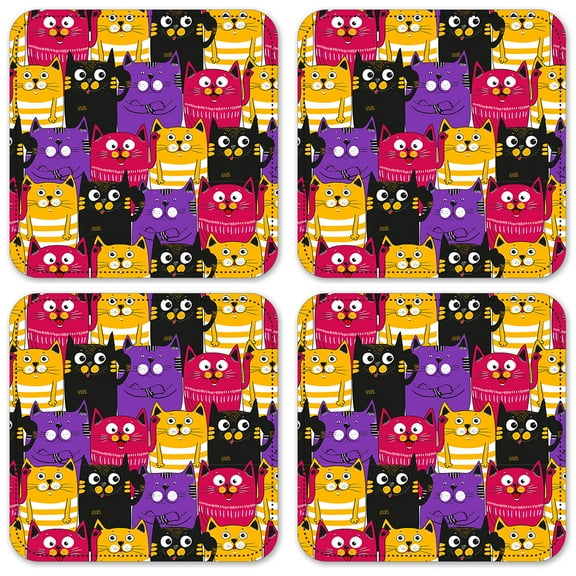 Vinyl Drink Coasters - Set of 4 - Black, Purple & Orange Cat Toss