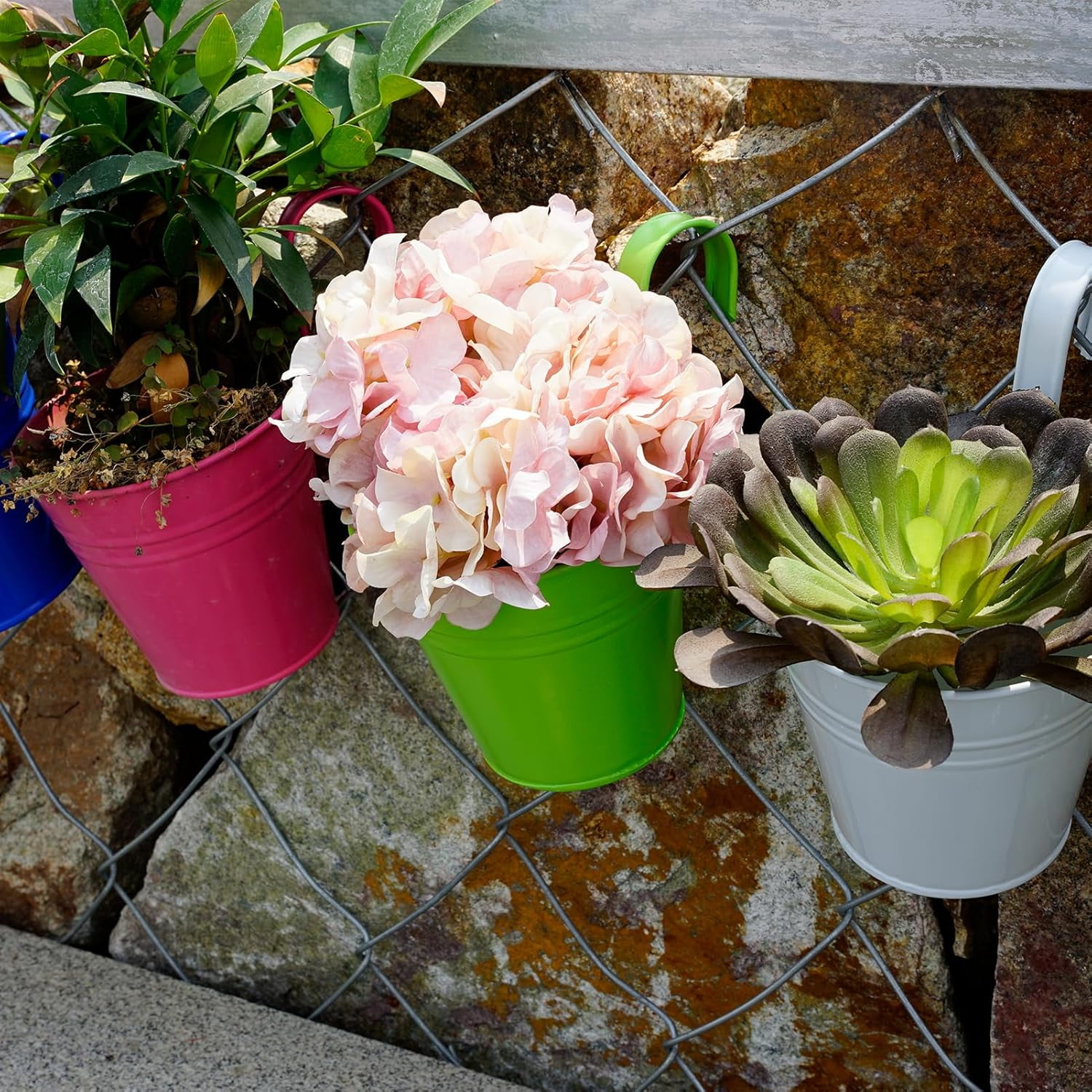6Pcs Colorful Metal Iron Fence Planter,Hanging Flower Pots for Outdoor Indoor Plants with Removable Hooks,Tin Buckets Plant Pots,Multifunction Storage Box,Wall Fence Home Office Decor