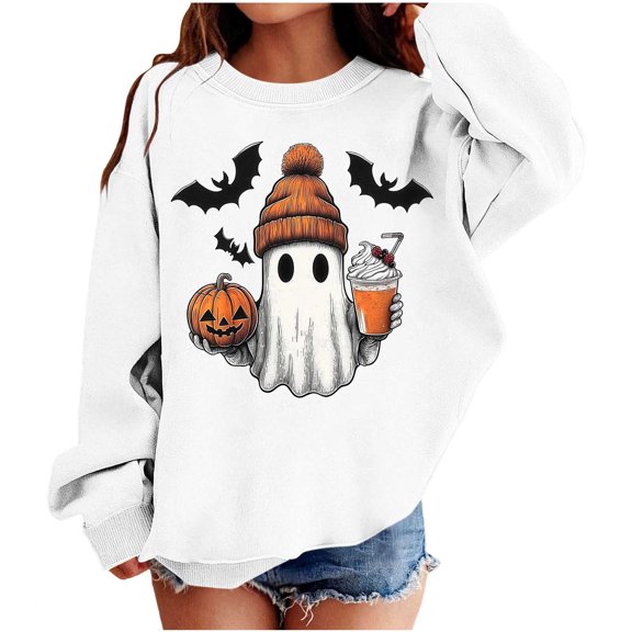 Atogsazn Toddler Girls Halloween Oversized Sweatshirt Kids Casual Long Sleeve Ghost Pumpkin Print Sweater Fall Winter Tops White 6-7 Years Fashion