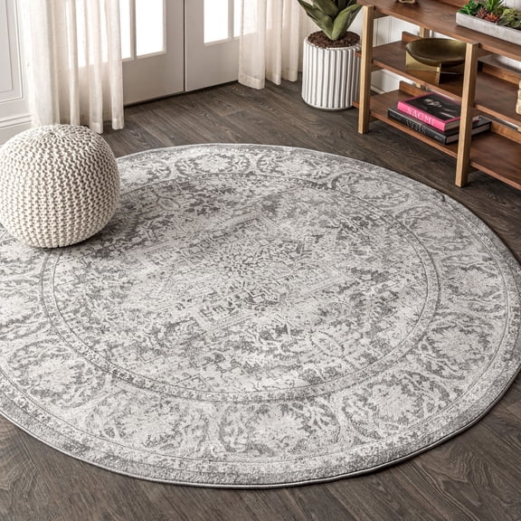 JONATHAN Y MODERN PERSIAN 4' Round Area Rug, Vintage Medallion - Light Gray, MDP100A-4R
