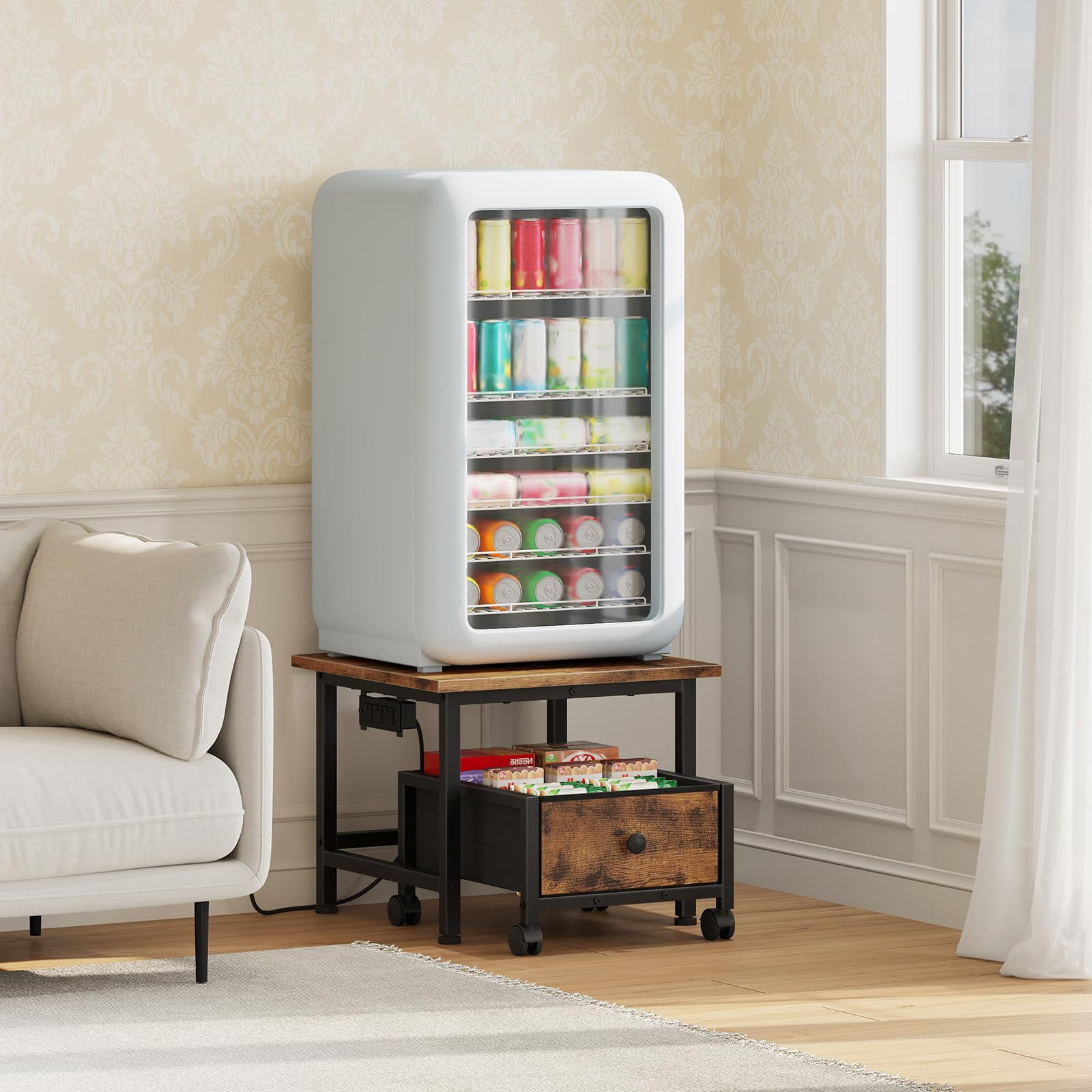 HOOBRO Mini Fridge Stand with Non-Woven Storage Basket and Power Outlet, Mini Fridge Cabinet with Wheels and Adjustable Feet, Mobile Fridge Shelf, for Home, Apartment, Dorm, Black BB355UBX01