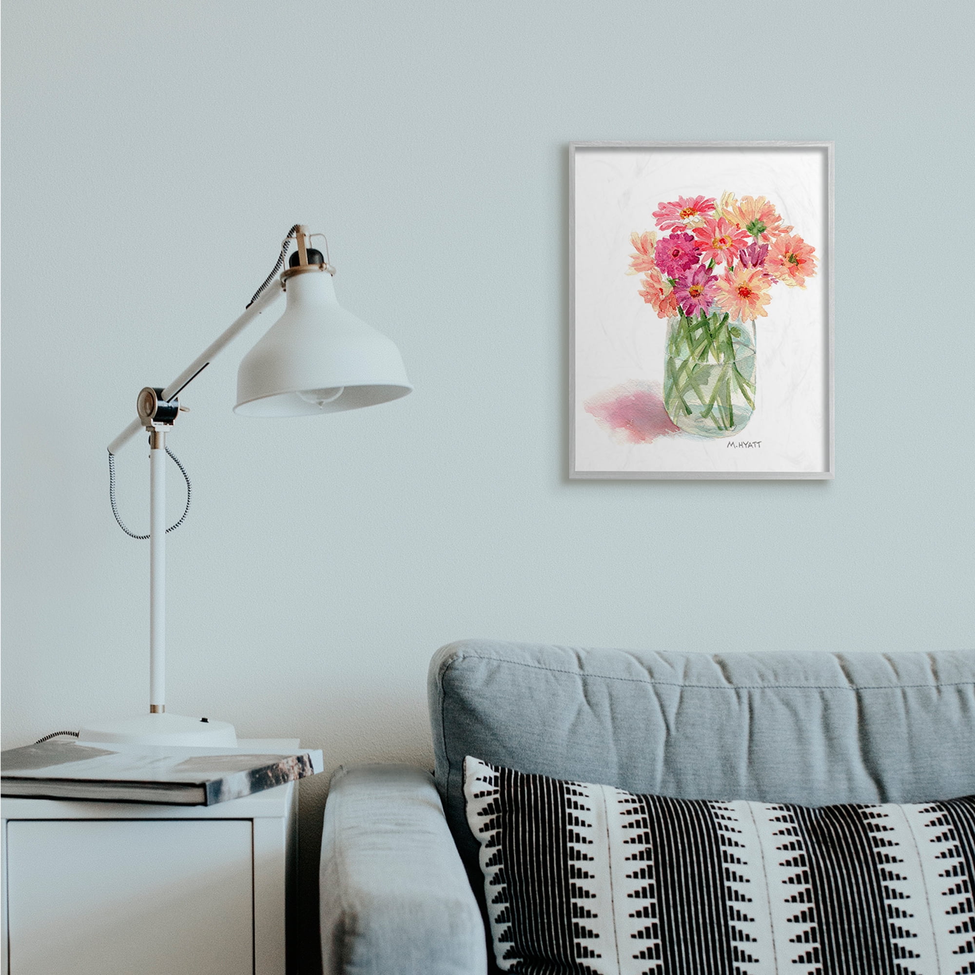 Stupell Industries Pink Daisy Watercolor Bouquet in Canning Jar Grey Framed, 16 x 20, Design by Melissa Hyatt LLC